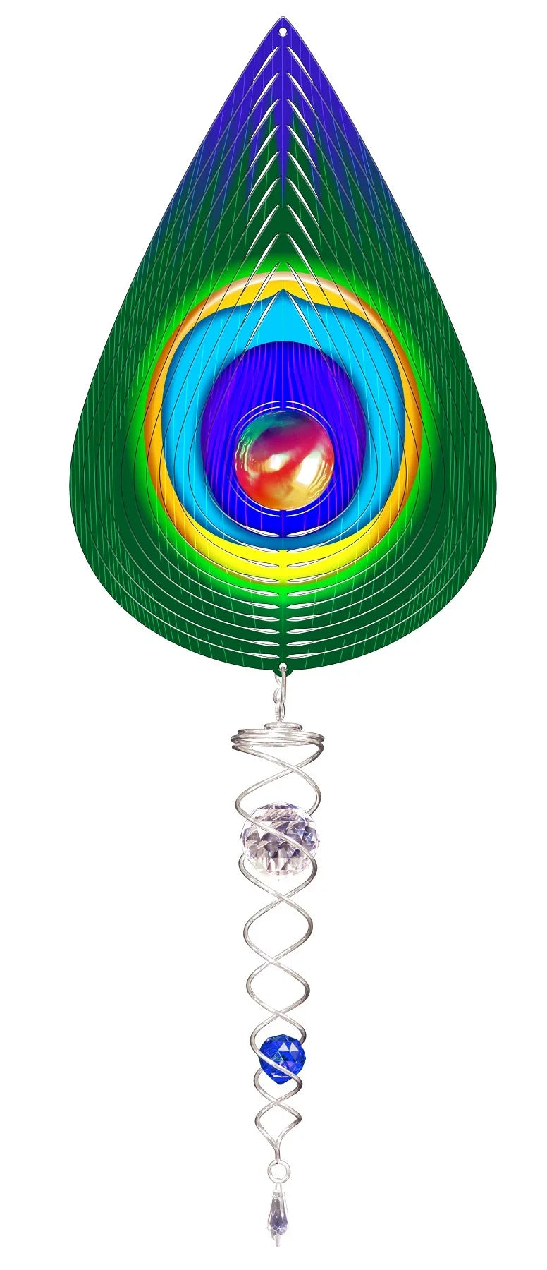 Peacock teardrop wind spinner set with iridescent gazing ball centre and silver crystal twister below