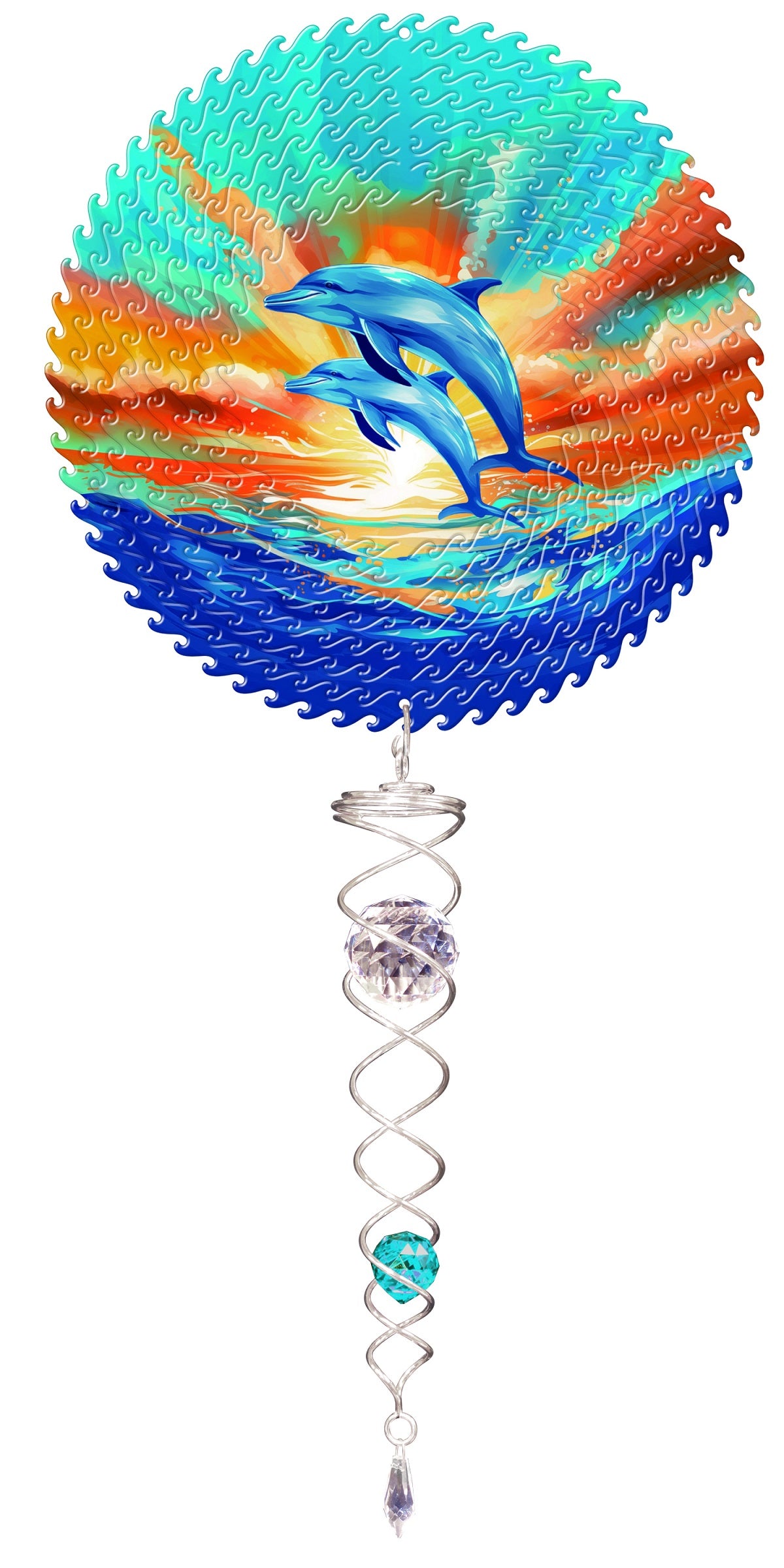 Vivid dolphins wind spinner set showing two dolphins leaping from a blue sea at sunset, with a silver crystal twister hanging below