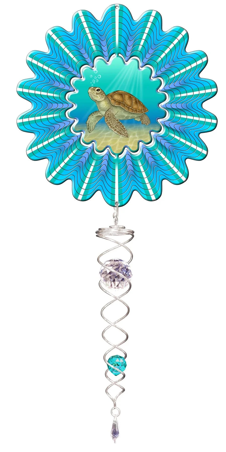 Small animated sea turtle wind spinner gift set with underwater scene and silver crystal twister hanging below