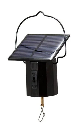 Black solar-powered wind spinner motor with top solar panel, on-off switch, wire handle and bottom swivel hook