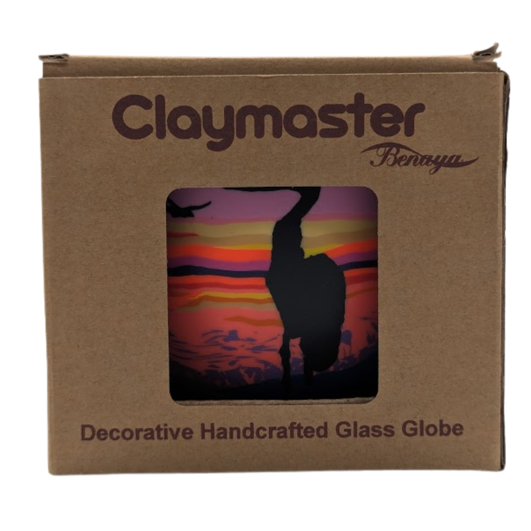 Globe lumineux Claymaster – Motif coucher de soleil au héron, boîte cadeau
