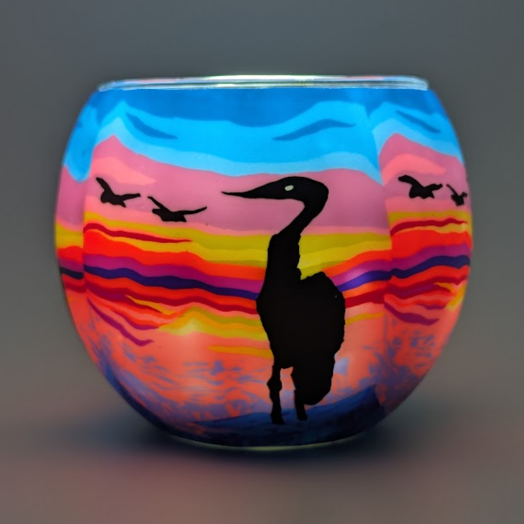 Globe lumineux Claymaster – Motif coucher de soleil au héron, boîte cadeau