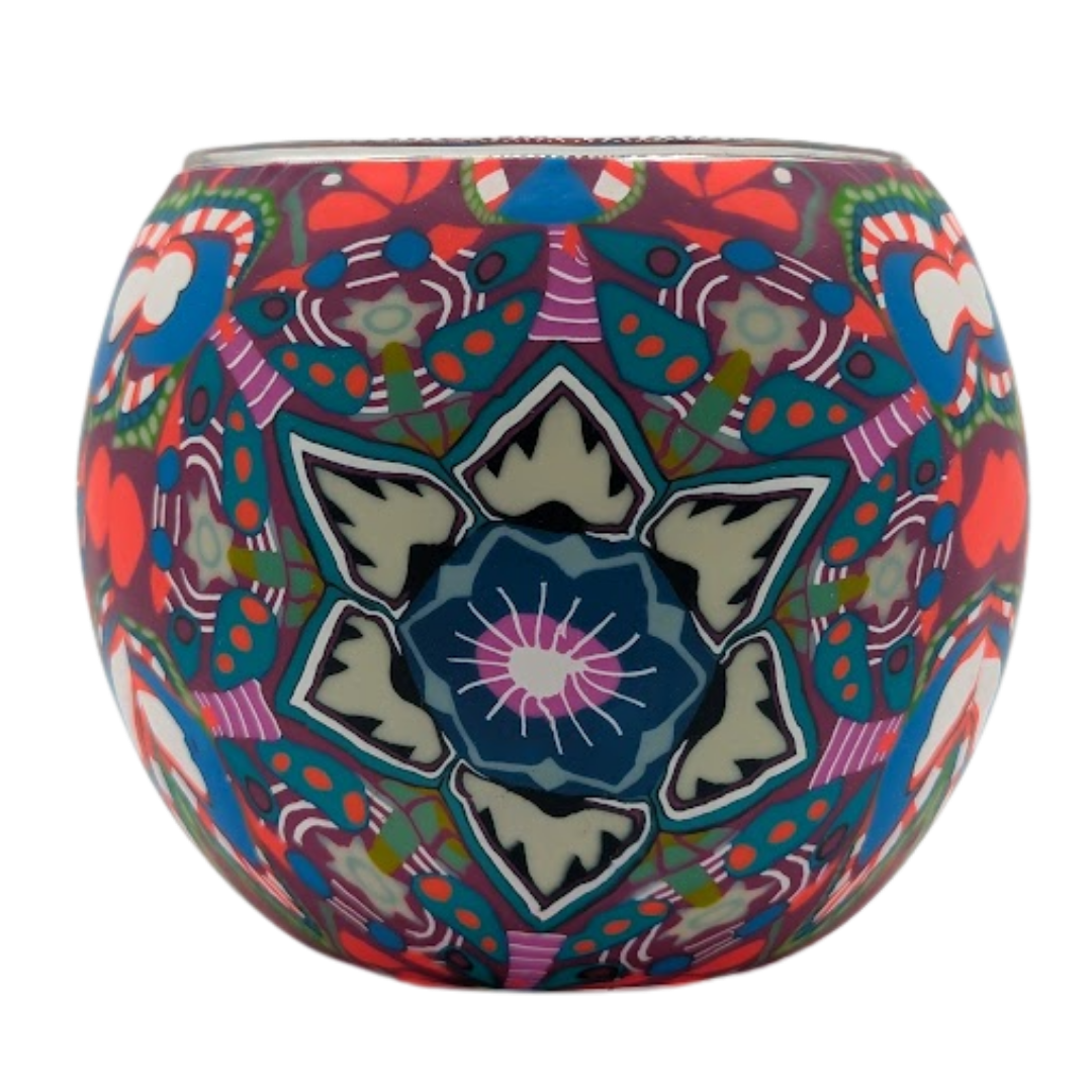 Claymaster Lotus Mandala light globe with a symmetrical star-lotus mandala in red, teal, blue and plum