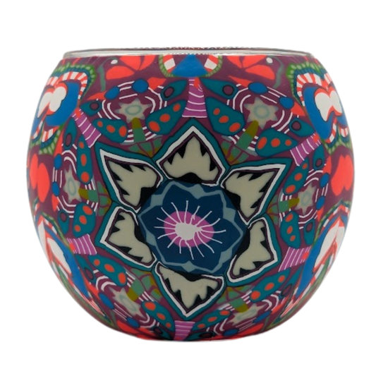 Claymaster Lotus Mandala light globe with a symmetrical star-lotus mandala in red, teal, blue and plum