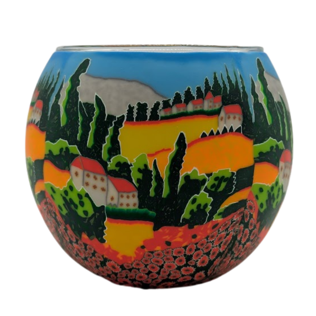 Poppy Fields Claymaster light globe with hand-wrapped Tuscan countryside scene of cypress trees, hillside houses and a red poppy field