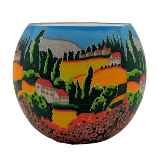 Poppy Fields Claymaster light globe with hand-wrapped Tuscan countryside scene of cypress trees, hillside houses and a red poppy field