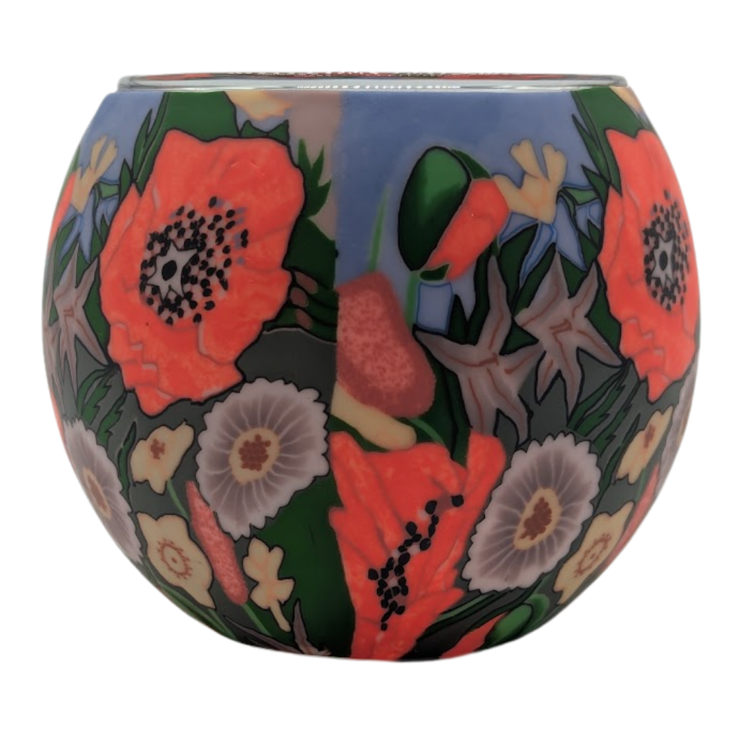 Poppy Garden Claymaster light globe hand-wrapped with coral poppies, cream daisies, bluebells and wildflowers in cloisonne-style relief