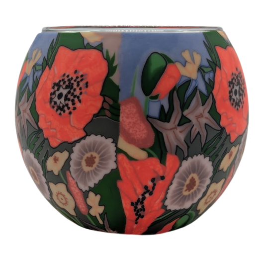 Poppy Garden Claymaster light globe hand-wrapped with coral poppies, cream daisies, bluebells and wildflowers in cloisonne-style relief