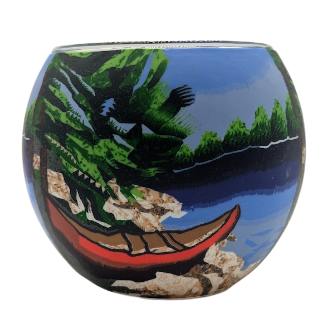 Claymaster Red Canoe light globe showing a red canoe on a rocky lakeshore with pine trees and a soaring bird