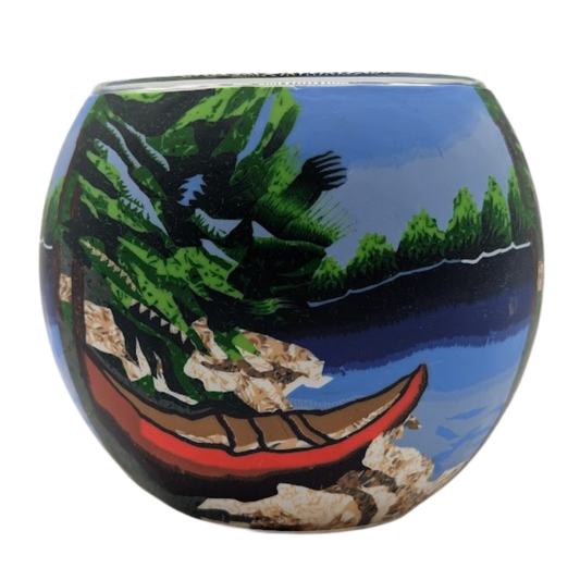 Claymaster Red Canoe light globe showing a red canoe on a rocky lakeshore with pine trees and a soaring bird