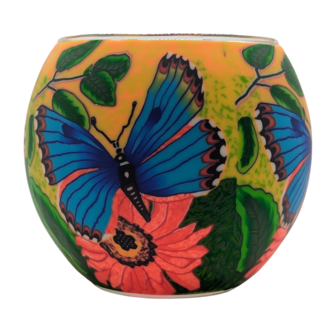 Butterfly Beauty Claymaster light globe with blue butterflies on a coral-pink flower against a yellow-green background