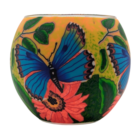 Butterfly Beauty Claymaster light globe with blue butterflies on a coral-pink flower against a yellow-green background