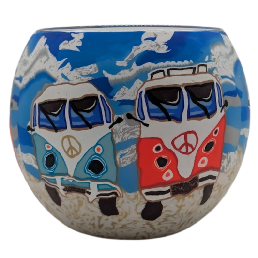 Claymaster Camping light globe showing aqua and red retro camper vans with peace signs under a blue sky