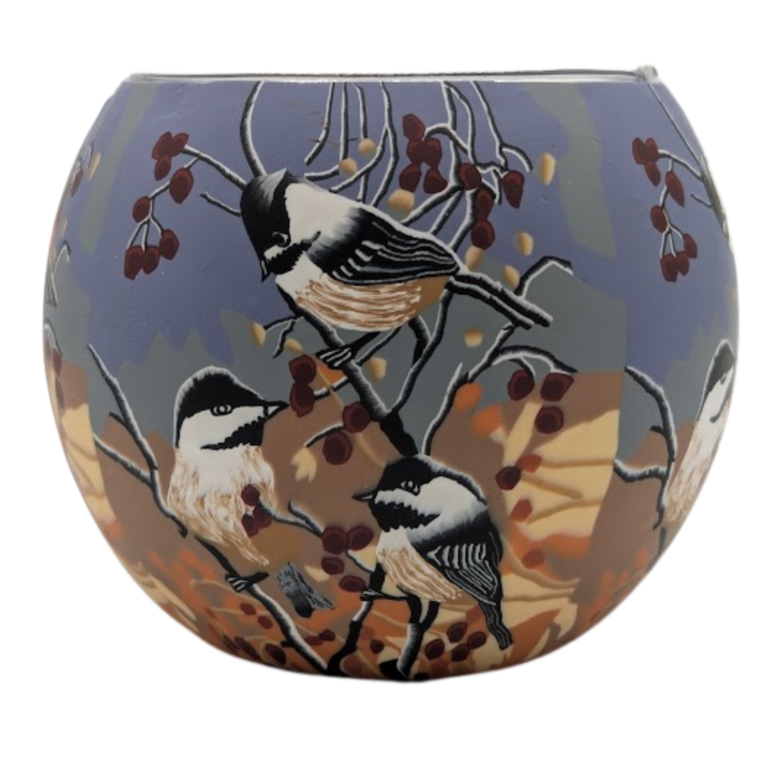 Claymaster Chickadees light globe with black-capped chickadees on berry branches against a grey-purple sky