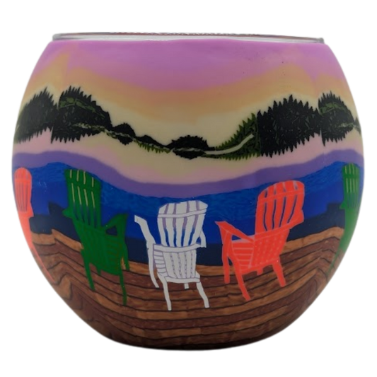 Claymaster Dock Chairs light globe showing Muskoka chairs on a dock facing a sunset lake, shown unlit on a white background
