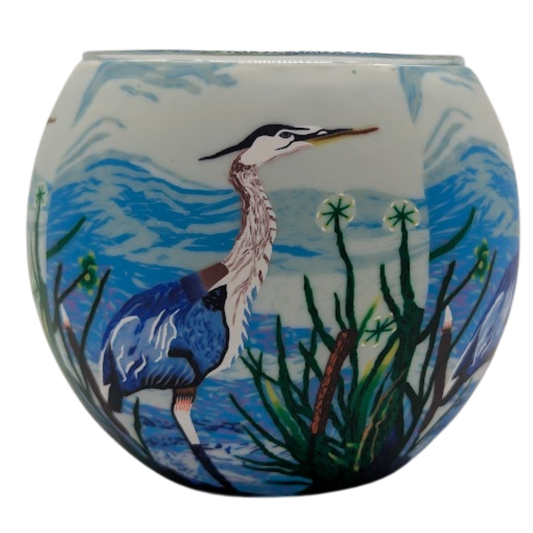 Claymaster Great Blue Heron light globe with a heron standing among reeds and cattails on a painted wetland scene