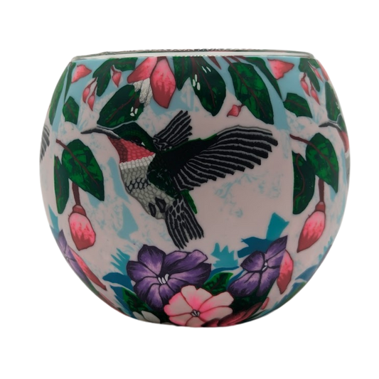 Hummingbird Claymaster light globe with hand-wrapped hummingbird hovering among pink fuchsias and purple flowers