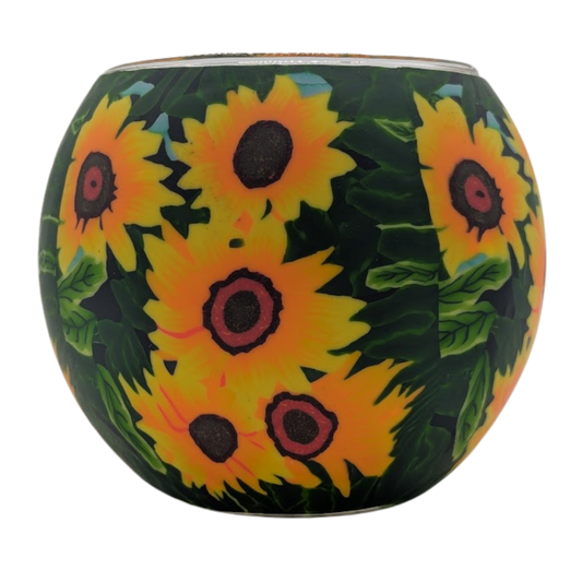 Claymaster Sunflowers light globe covered in large yellow sunflowers with green foliage, shown unlit on a white background