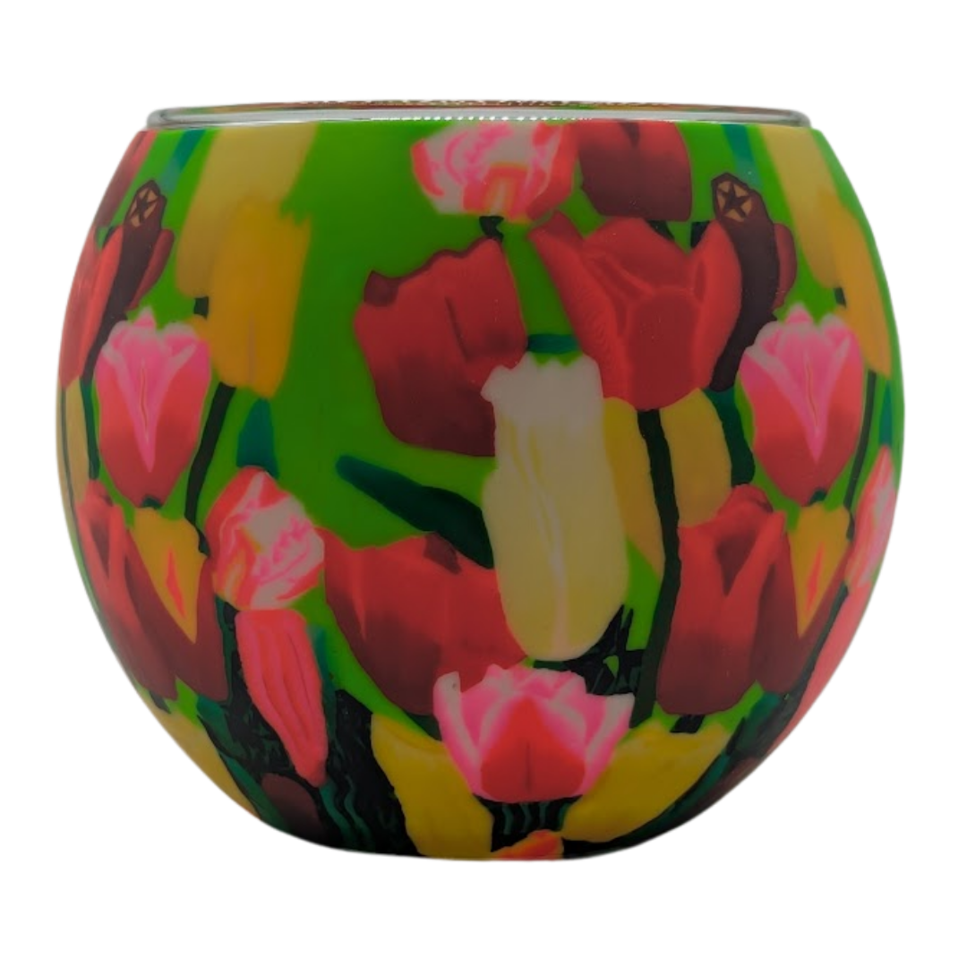 Tulips Claymaster light globe hand-wrapped with red, pink, yellow and cream tulips on a grass-green background