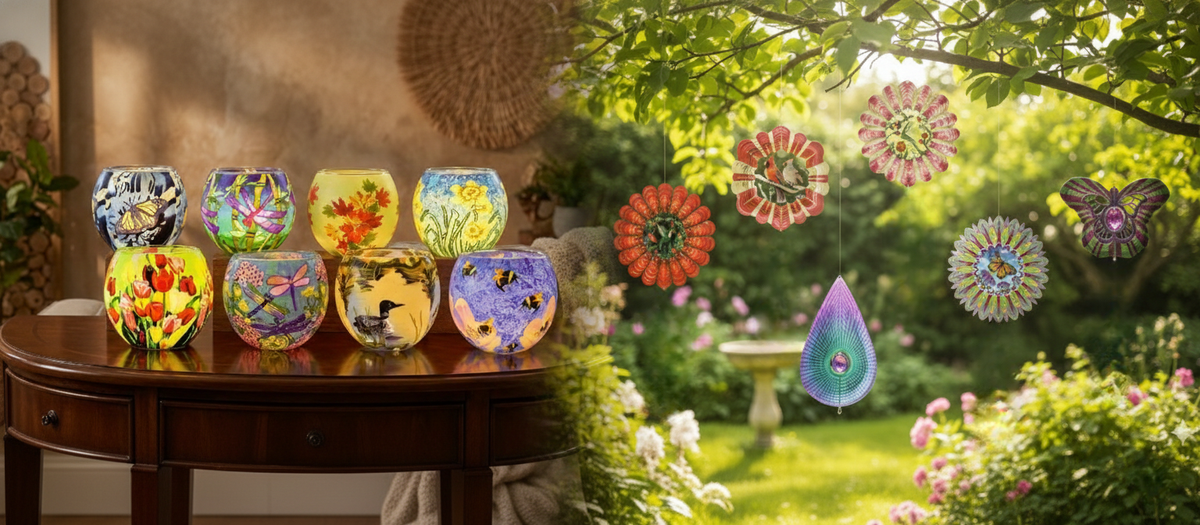 Handcrafted Claymaster glass light globes displayed indoors alongside colourful wind spinners and crystal sun catchers in a garden setting.