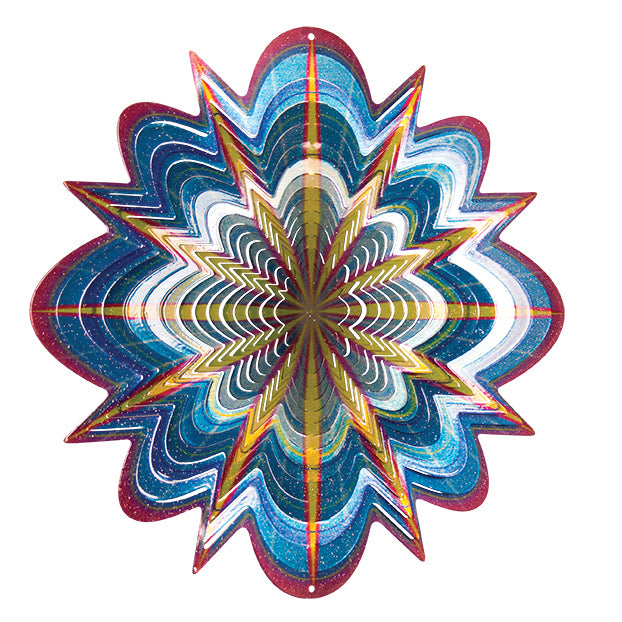 Large starburst wind spinner with jagged glitter-blue and white layered blades, magenta edges and a gold star centre
