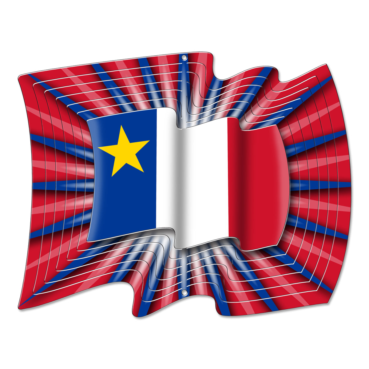 Acadian flag wind spinner with layered blue, white and red waving-flag design and yellow star