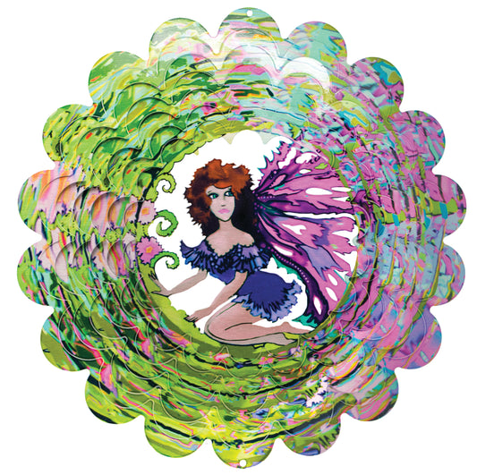 Small round wind spinner with marbled green and pink blades and a kneeling fairy with butterfly wings at the centre