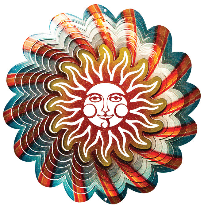 Large blue sun wind spinner with celestial sun-face centre and swirling teal, red and white glitter petals