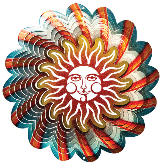 Large blue sun wind spinner with celestial sun-face centre and swirling teal, red and white glitter petals