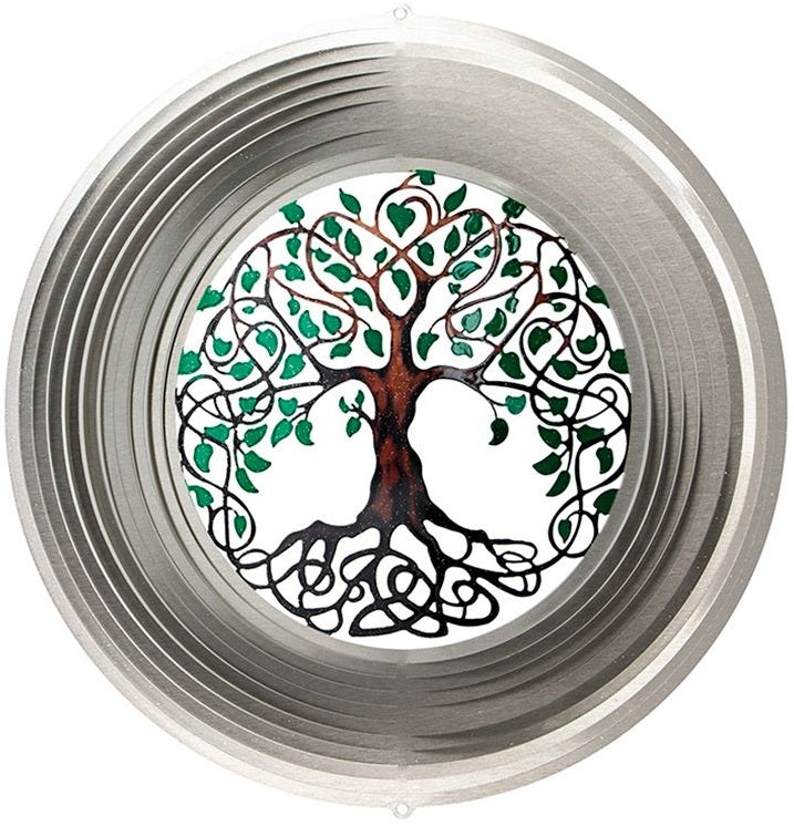 Large Tree of Life wind spinner with brushed silver nested rings around a printed Tree of Life with Celtic knotwork roots