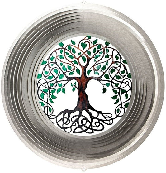Large Tree of Life wind spinner with brushed silver nested rings around a printed Tree of Life with Celtic knotwork roots