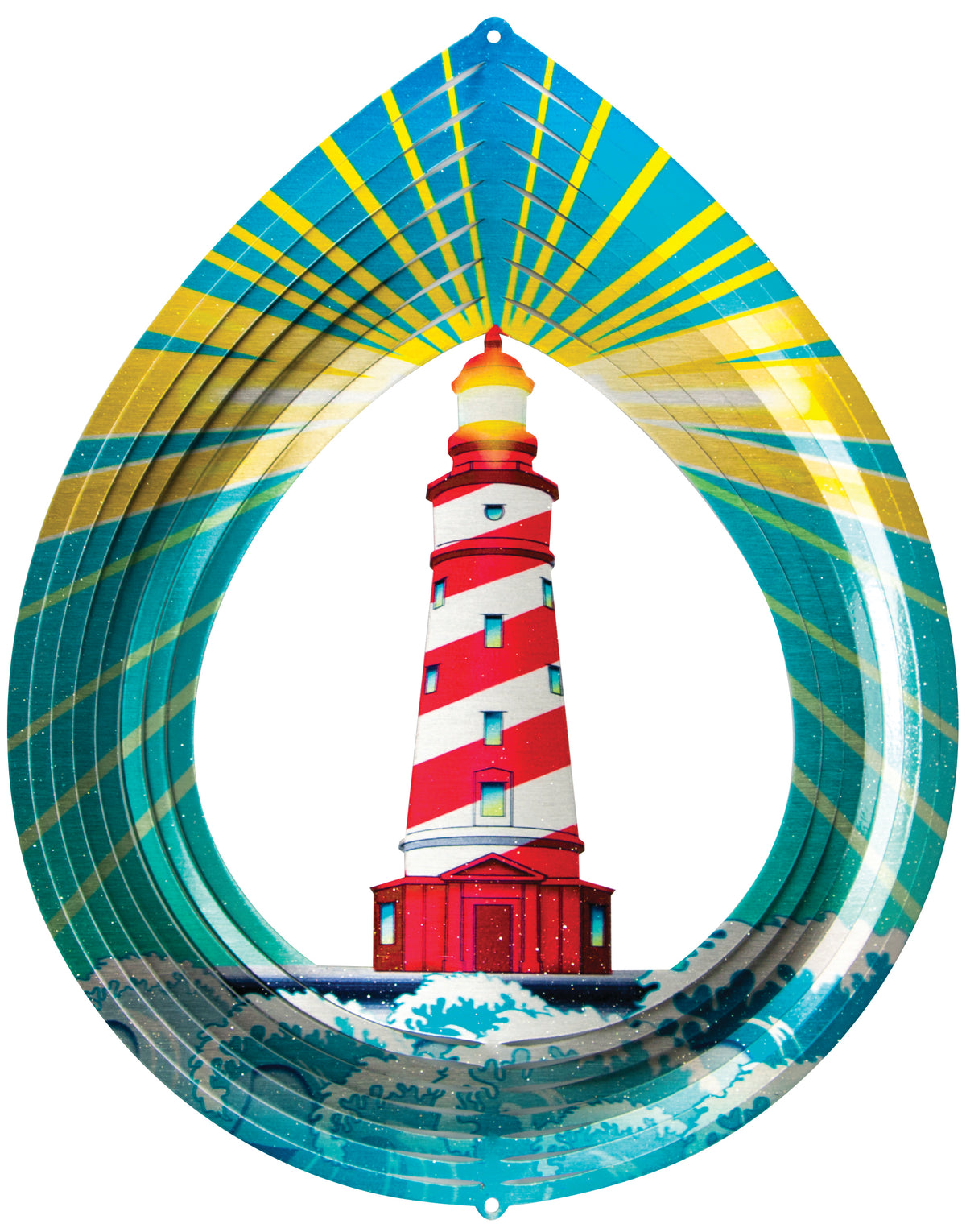 Large lighthouse wind spinner, a teardrop-shaped spinner showing a red-and-white striped lighthouse over teal waves with golden sun rays