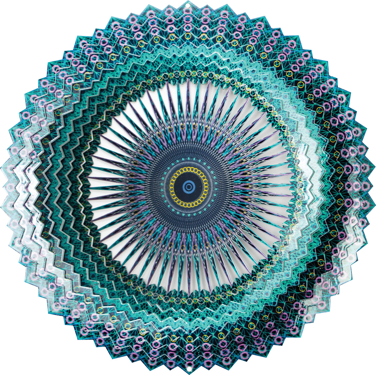 Large celestial mandala wind spinner with concentric teal, turquoise and purple lace-patterned rings radiating around a dark centre