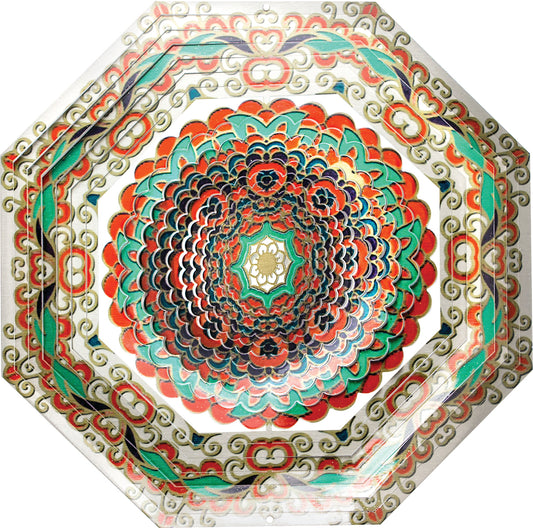 Octagonal mandala wind spinner in coral, teal and gold with layered kaleidoscope centre and gold lotus