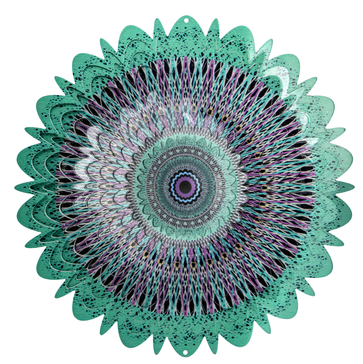 Large Cosmic Mandala wind spinner with kaleidoscopic teal, purple and aqua petals radiating around a blue-ringed centre