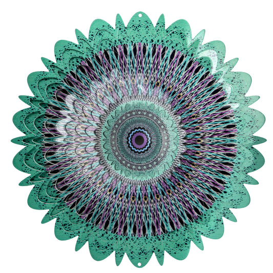 Large Cosmic Mandala wind spinner with kaleidoscopic teal, purple and aqua petals radiating around a blue-ringed centre