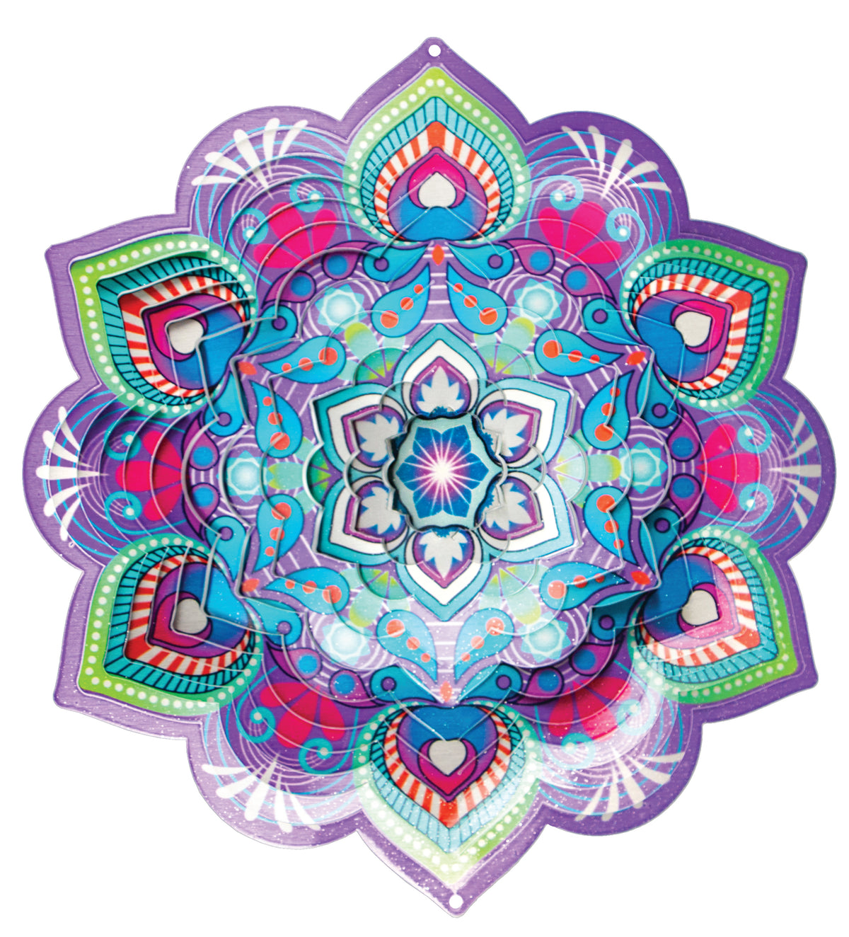 Large lotus mandala wind spinner with layered purple, teal and magenta petals and white starburst centre