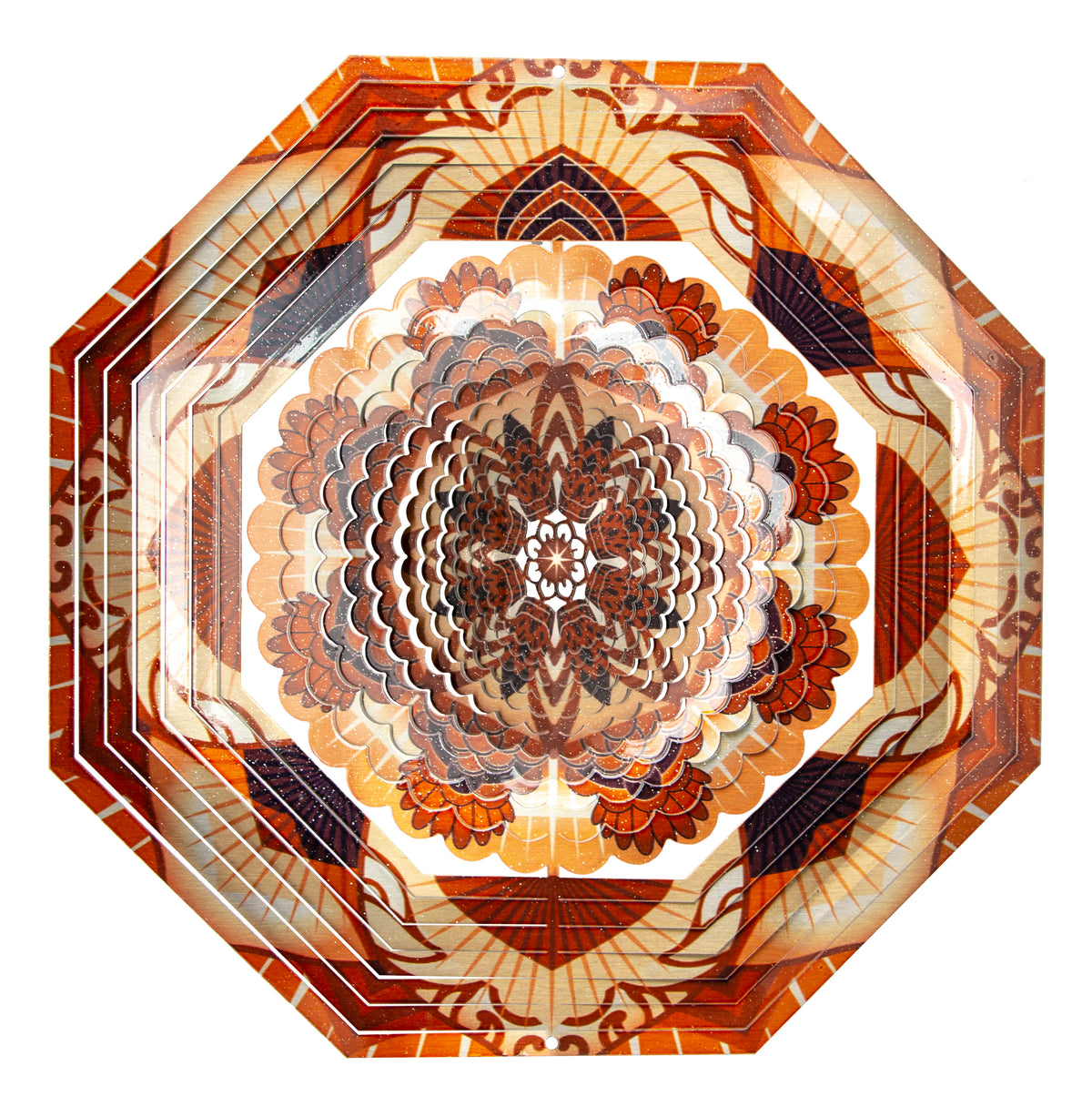 Small copper octagonal mandala wind spinner with layered laser-cut petals in rust, burnt orange and cream