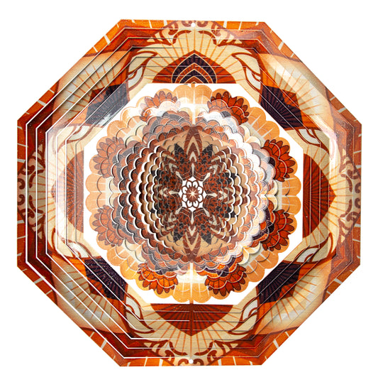 Small copper octagonal mandala wind spinner with layered laser-cut petals in rust, burnt orange and cream