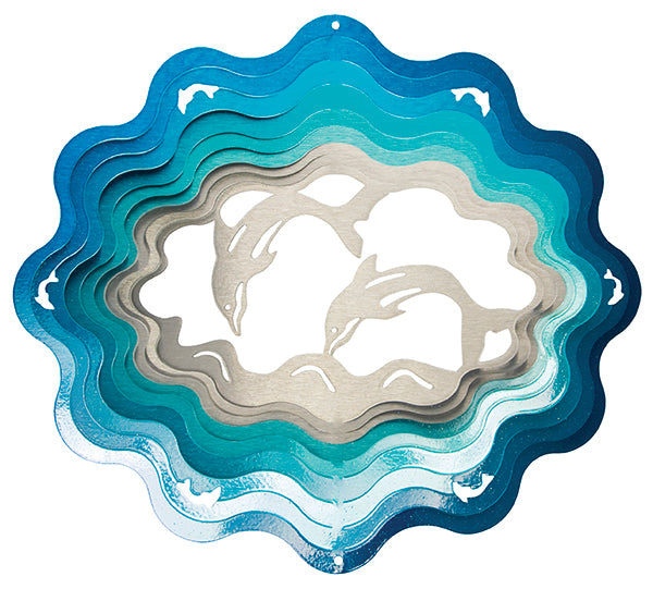 Large Leaping Dolphins wind spinner with two brushed-silver dolphin silhouettes inside a layered blue and teal wave-scalloped ring