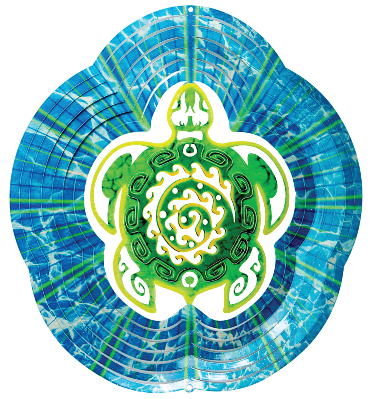 Small sea turtle wind spinner with tribal-style green and yellow turtle over bright blue rippled water
