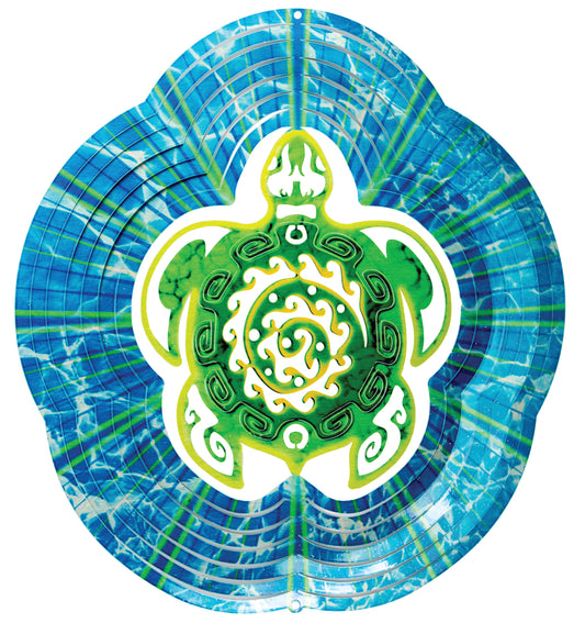 Small sea turtle wind spinner with tribal-style green and yellow turtle over bright blue rippled water