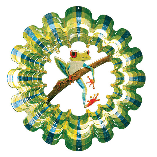 Large Tree Frog wind spinner with printed red-eyed tree frog on a branch inside a glitter green, yellow and blue scalloped rim