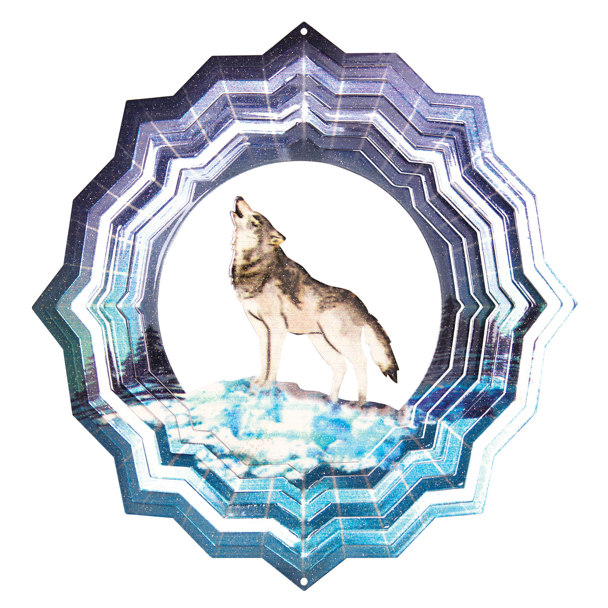 Large wolf wind spinner with howling wolf winter scene and icy blue zigzag layered rings