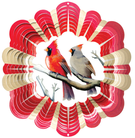 Large cardinal pair wind spinner showing a red male and grey-brown female cardinal on a silver branch, ringed by red and champagne-gold blades