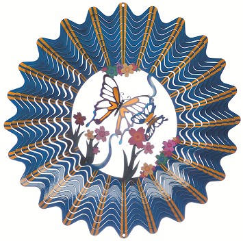 Large blue butterfly wind spinner with rippled blue border and centre scene of orange and blue butterflies over pink flowers