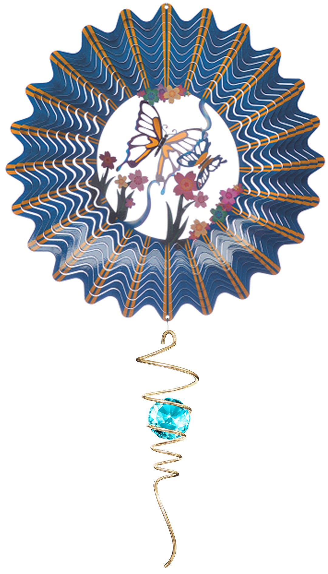 Blue butterfly wind spinner with gold-ribbed wavy blades and a gold spiral crystal tail holding an aqua crystal ball