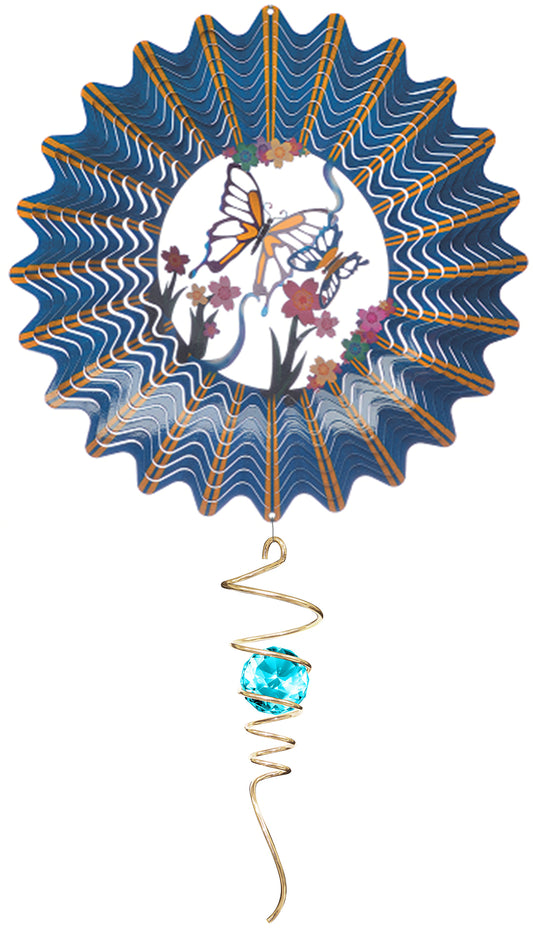 Blue butterfly wind spinner with gold-ribbed wavy blades and a gold spiral crystal tail holding an aqua crystal ball