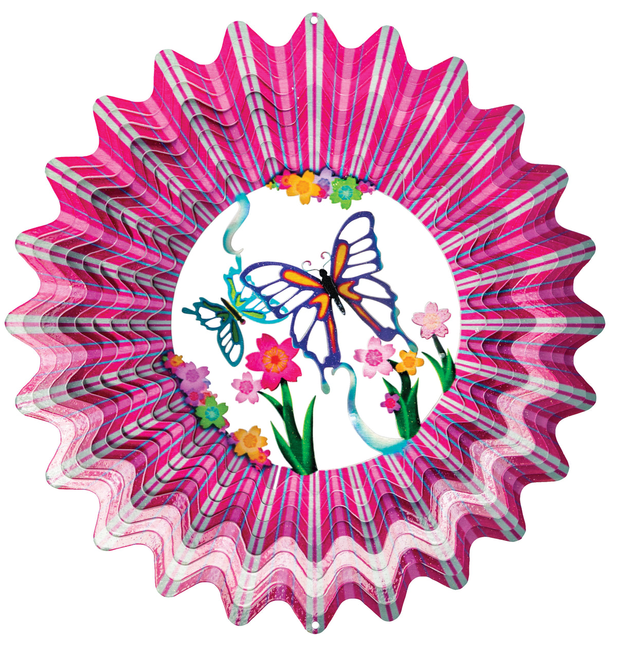 Large pink butterfly wind spinner with candy-striped sunburst rim and spring flower centre scene
