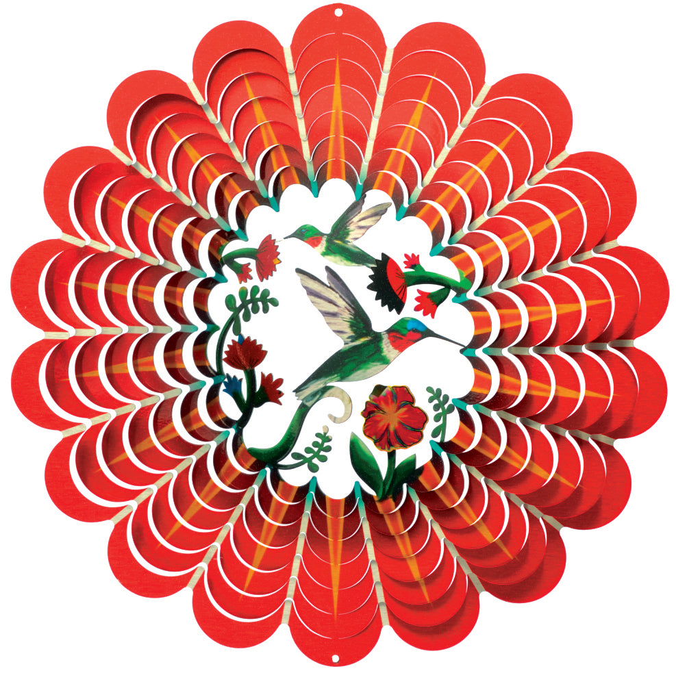 Large red wind spinner with petal-layered blades and painted green hummingbirds among red trumpet flowers at the centre